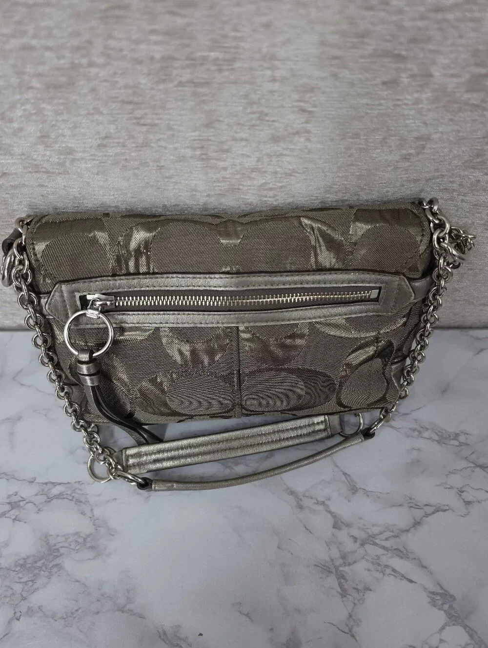 Coach Signature Canvas Jacquard Shoulder Bag in Metallic Pewter Chain Straps